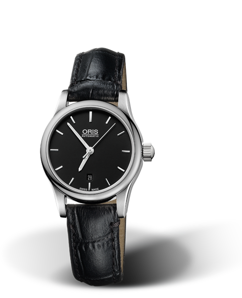 Classic Date, 28.50mm, Black, Leather Strap, Stainless steel crown, Multi-piece stainless steel case