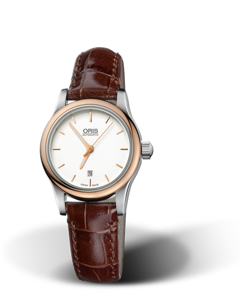 Classic Date, 28.50mm, Grey, Leather Strap, Stainless steel crown, Multi-piece stainless steel case, rose gold PVD plated top ring