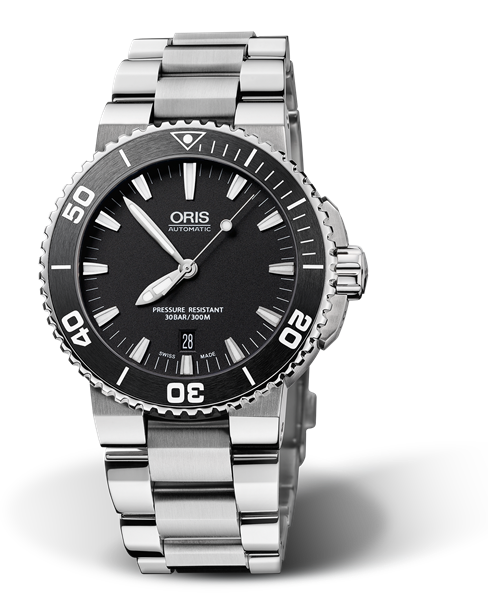 Aquis Date, 43.00 mm, Black, Stainless steel Strap, Stainless steel screw-in security crown, Multi-piece stainless steel case, ceramic minutes scale top ring
