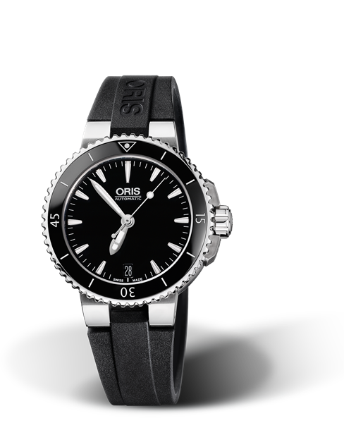 Aquis Date, 36.00 mm, Black, Rubber Strap, Stainless steel screw-in security crown, Multi-piece stainless steel case, ceramic minutes scale top ring