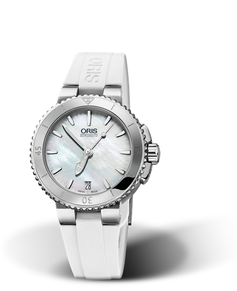 Aquis Date, 36.00 mm, White, Rubber Strap, Stainless steel screw-in security crown, Multi-piece stainless steel case, minutes scale top ring