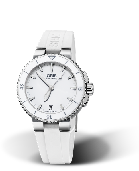 Aquis Date, 36.00 mm, White, Rubber Strap, Stainless steel screw-in security crown, Multi-piece stainless steel case, ceramic minutes scale top ring