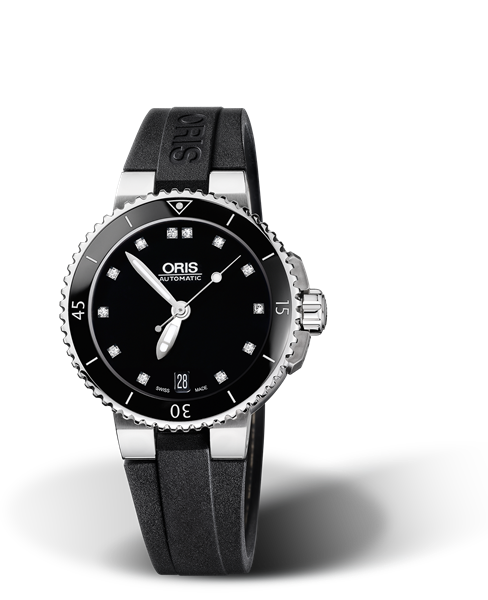 Aquis Date Diamonds, 36.00 mm, Black, Rubber Strap, Stainless steel screw-in security crown, Multi-piece stainless steel case, ceramic minutes scale top ring