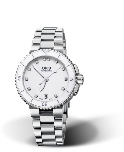 Aquis Date Diamonds, 36.00 mm, White, Stainless steel Strap, Stainless steel screw-in security crown, Multi-piece stainless steel case, ceramic minutes scale top ring