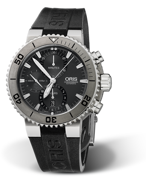 Aquis Titan Chronograph, 46.00 mm, Grey, Rubber Strap, Stainless steel, screw-in security crown, pushers, automatic Helium Valve, Multi-piece titanium case, Tungsten minutes scale top ring