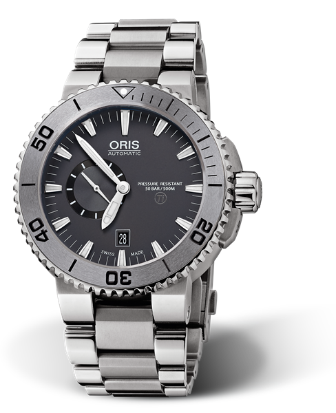 Aquis Titan Small Second, Date, 46.00 mm, Grey, Titanium Strap, Stainless steel, screw-in security crown, automatic Helium Valve, Multi-piece titanium case, Tungsten minutes scale top ring