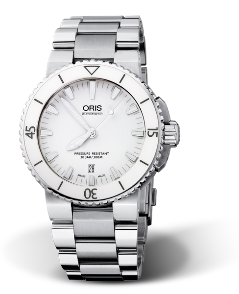 Aquis Date, 43.00 mm, White, Stainless steel Strap, Stainless steel screw-in security crown, Multi-piece stainless steel case, ceramic minutes scale top ring
