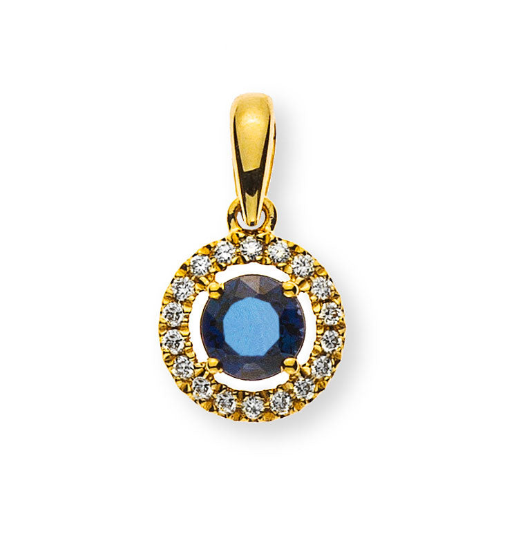 Anhänger Gelbgold 750 mit rundem Safir und 18 Brillanten H SI 0.07ct.