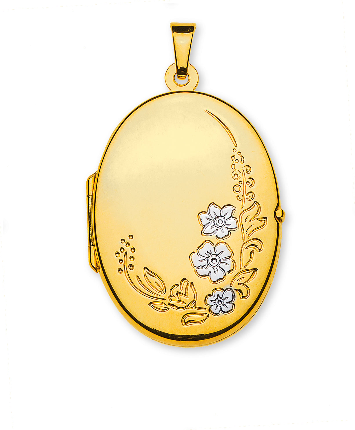 Anhänger Medaillon Foto Gelbgold 750, oval mit rhodinierten Blumen