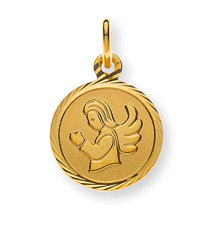 Medaille Engel Gelbgold 750 10mm gesandelt mit Fantasieschliff-Rand