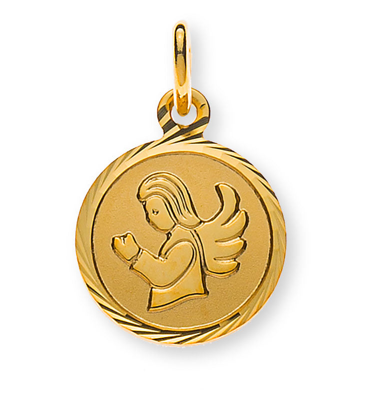 Medaille Engel Gelbgold 750 12mm gesandelt mit Fantasieschliff-Rand