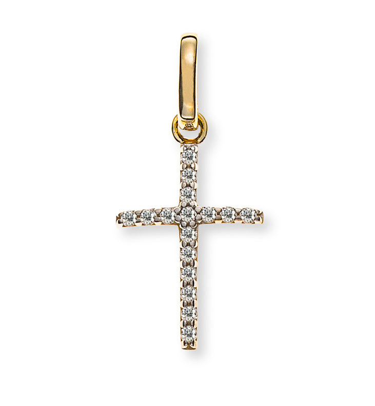 Anhänger Kreuz poliert Gelbgold 375 mit Zirkonia weiss 16x10mm