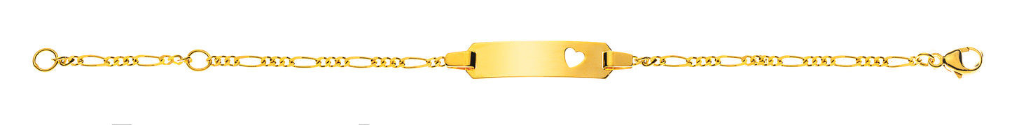 Bébé Bracelet Figaro diamantiert Gelbgold 750 mit Gravurplatte rechteckig lang mit ausgestanztem Herz