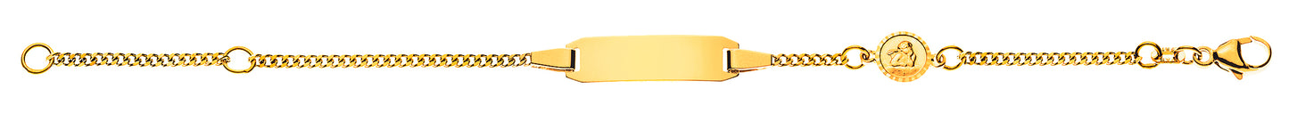 Bébé Bracelet Panzer diamantiert Gelbgold 750 mit Gravurplatte rechteckig lang mit Engeli rund 6mm