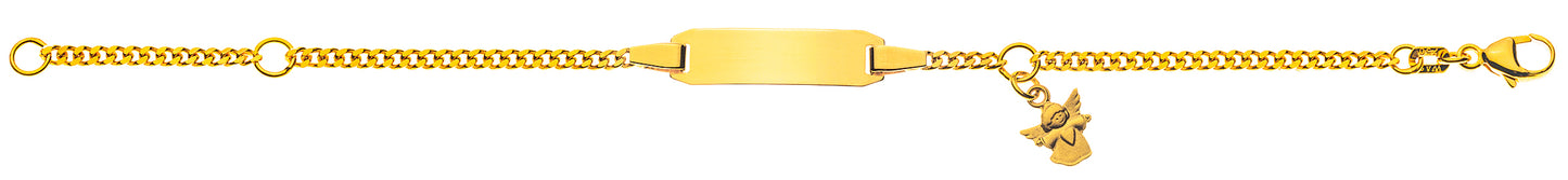 Bébé Bracelet Panzer diamantiert Gelbgold 750 mit Gravurplatte rechteckig lang mit Engel Anhänger