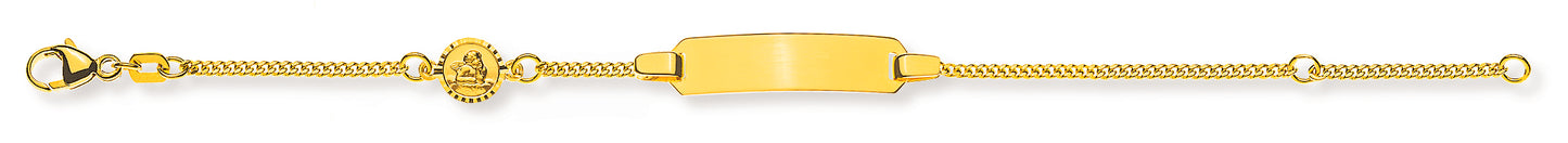 Bébé Bracelet Panzer diamantiert Gelbgold 375 mit Gravurplatte rechteckig lang mit Engeli rund 6mm