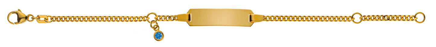 Bébé Bracelet Panzer diamantiert Gelbgold 375 mit Gravurplatte rechteckig lang mit Zirkonia-Einhänger blau