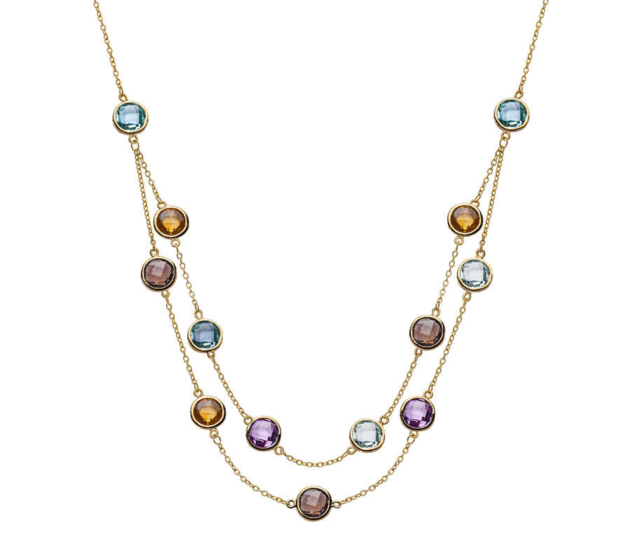 Collier Gelbgold 750 mit13 Farbsteinen, Amethyst, Citrin, Blautopas, Rauchquartz