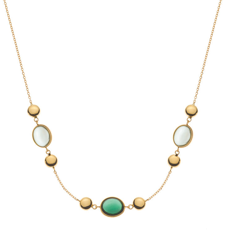 Collier Gelbgold 750, mit 2 grünen ovalen Amethysten & 1 Turmalin Cabochon