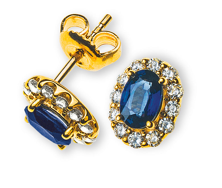 Ohrringe Gelbgold 750 mit 2 Safiren Total und je 12 Brillanten H SI 0.22ct./Stk. Total 0.44ct.