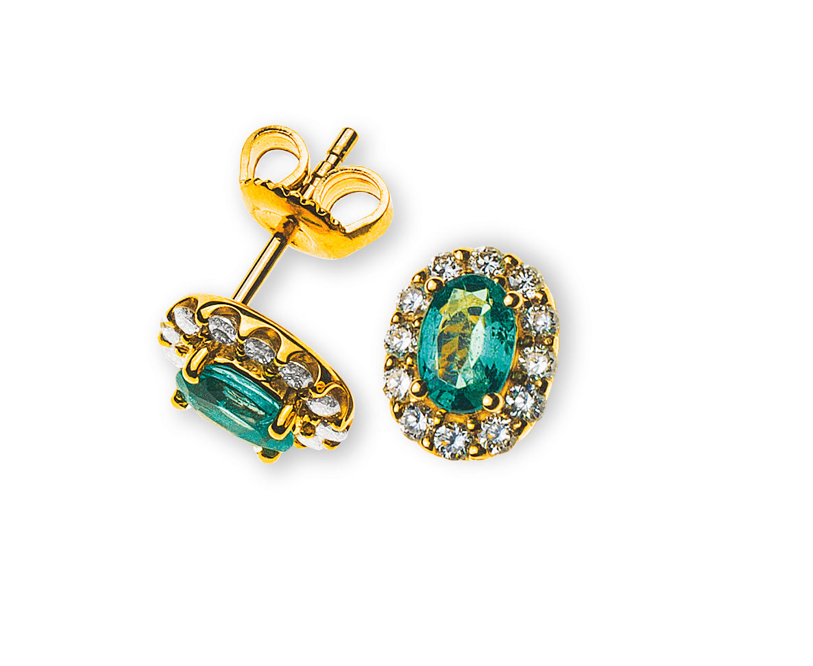 Ohrringe Gelbgold 750 mit 2 Smaragden Total und je 12 Brillanten H SI 0.22ct./Stk. Total 0.44ct.