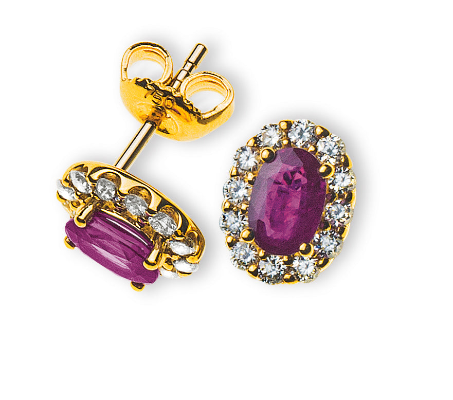 Ohrringe Gelbgold 750 mit 2 Rubinen Total und je 12 Brillanten H SI 0.24ct./Stk. Total 0.48ct.