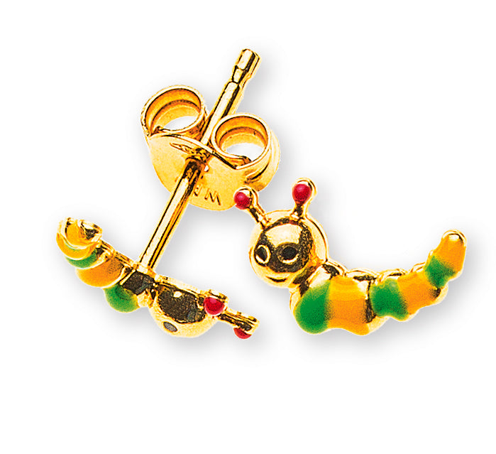 Ohrstecker Raupe Gelbgold 750 grün/gelb/rot emailliert