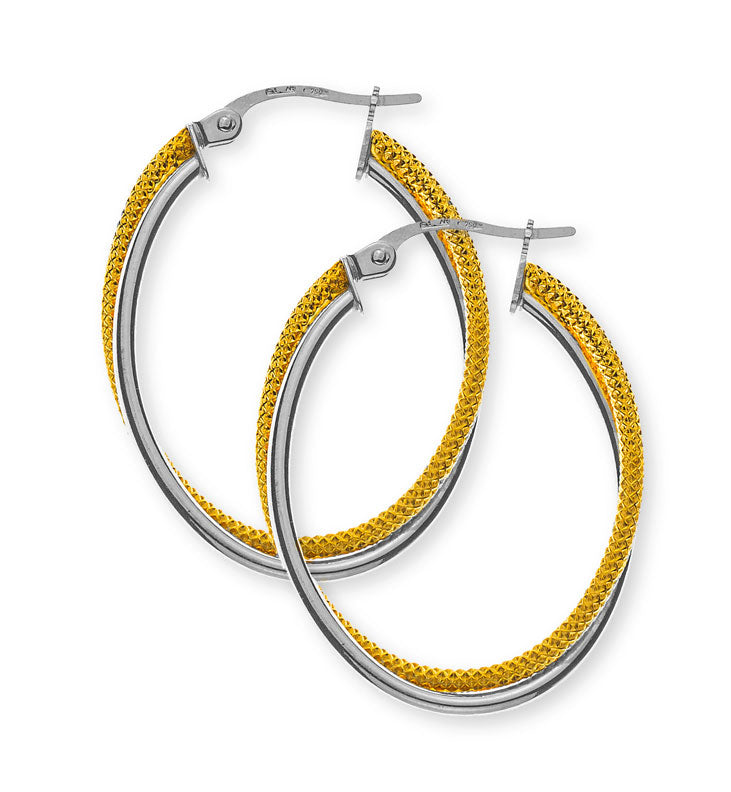 Kreolen oval Bicolor (Gelb-/Weissgold) 750, Runddraht 17x22x3mm, GG Draht gemustert, WG Draht poliert