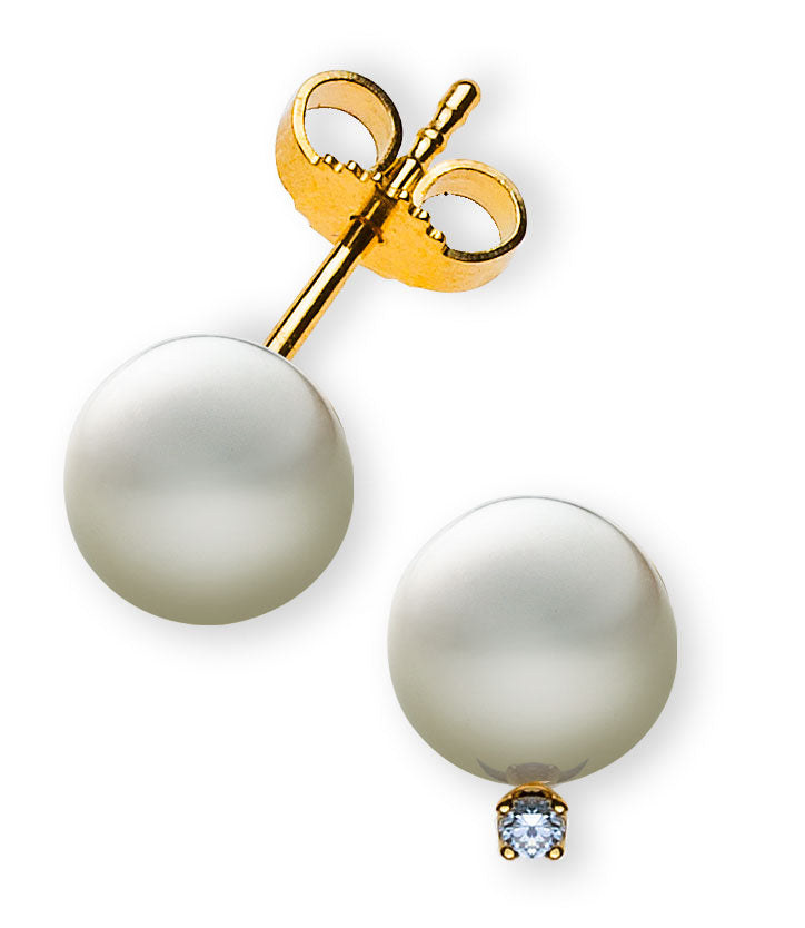 Perlohrringe Gelbgold 750, mit weissen Perlen 7mm und 2 Brillanten H SI ct.