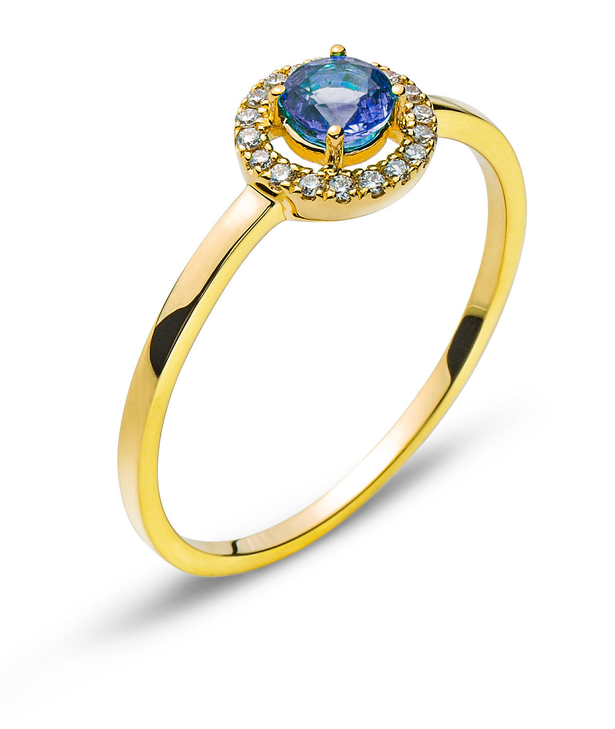 Ring Gelbgold 750 mit rundem Safir und 18 Brillanten H SI 0.07ct.