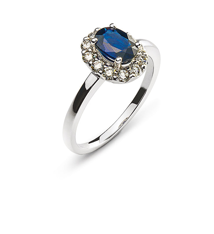 Ring Weissgold 750 mit Safir und 12 Brillanten H SI 0.36ct.