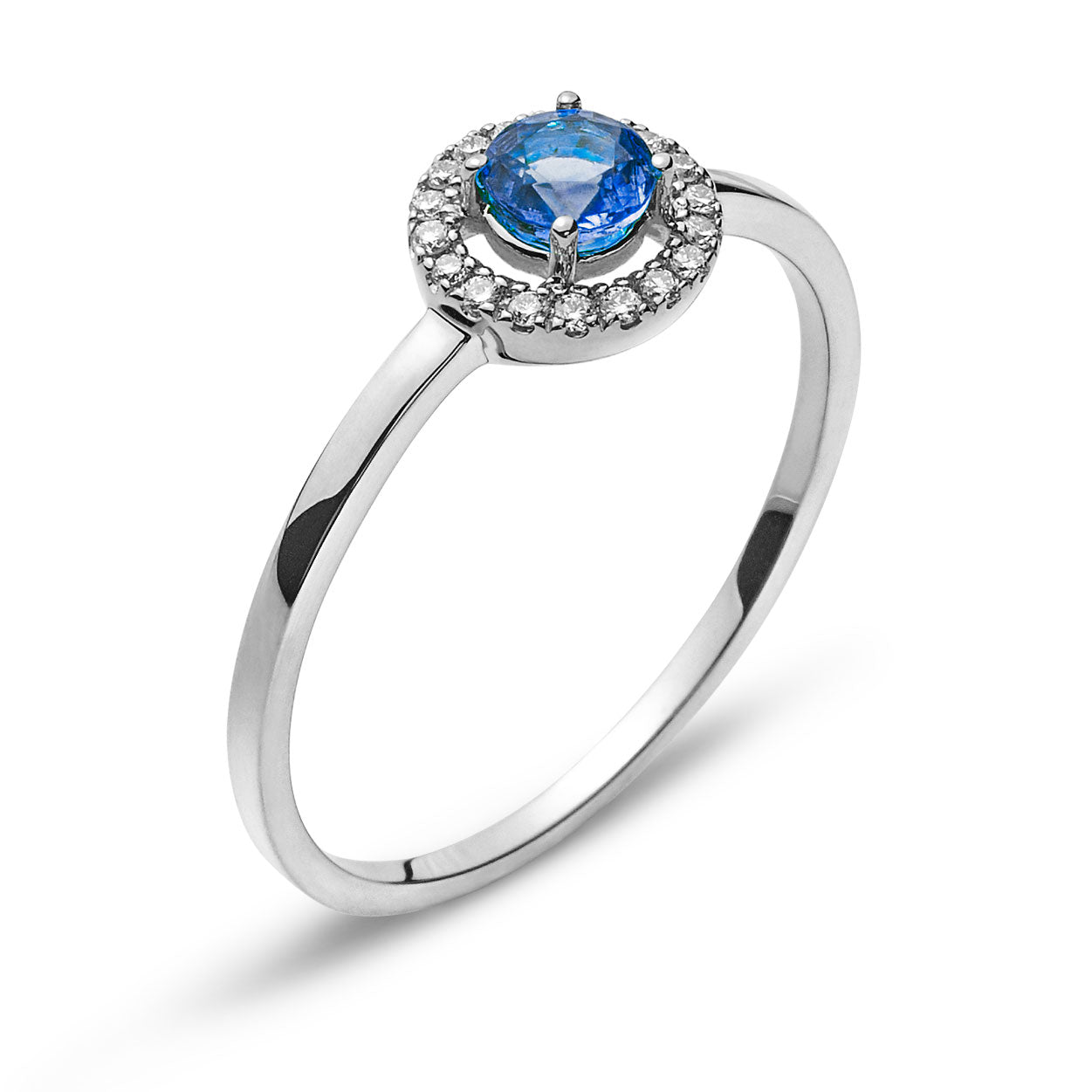 Ring Weissgold 750 mit rundem Safir und 18 Brillanten H SI 0.06ct.