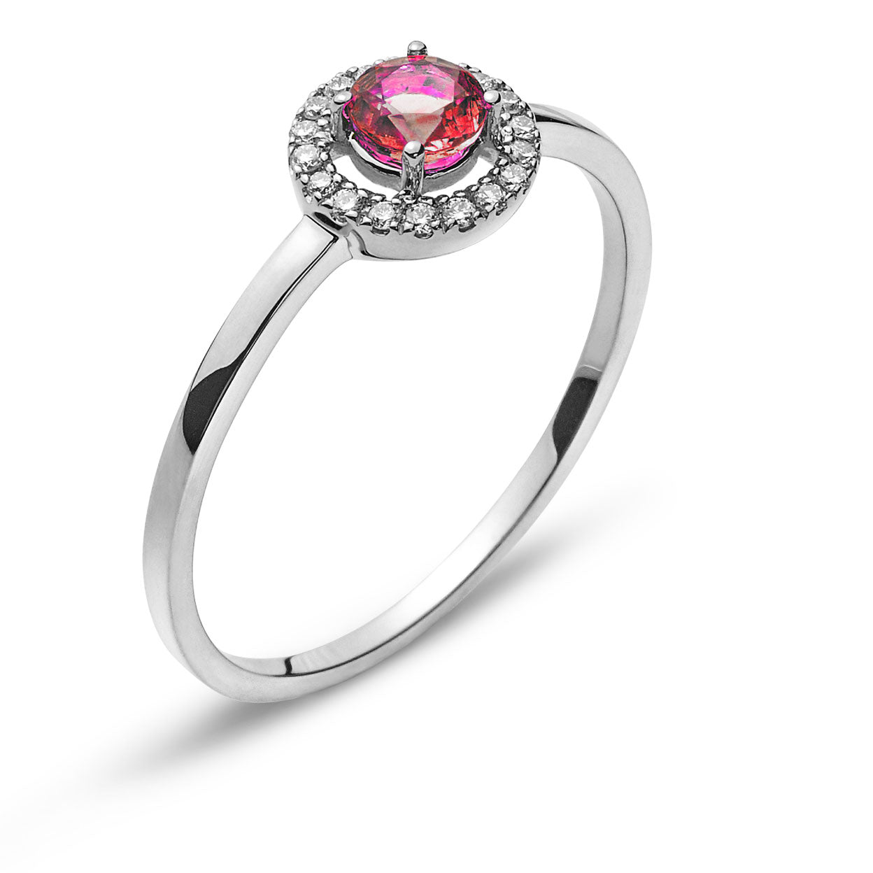 Ring Weissgold 750 mit rundem Rubin und 18 Brillanten H SI 0.06ct.