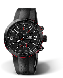 TT1 Chronograph, 45mm, Black, Rubber Strap, Stainless steel crown and pushers black PVD plated, Multi-piece stainless steel case, black PVD plated, ceramic tachymeter scale top ring