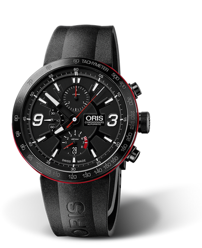 TT1 Chronograph, 45mm, Black, Rubber Strap, Stainless steel crown and pushers black PVD plated, Multi-piece stainless steel case, black PVD plated, ceramic tachymeter scale top ring