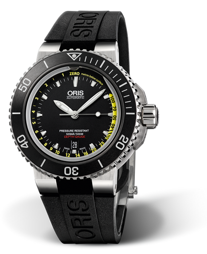 Aquis Depth Gauge, 46.00 mm, Black, Rubber Strap, Stainless steel crown, Multi-piece stainless steel case, ceramic minutes scale top ring