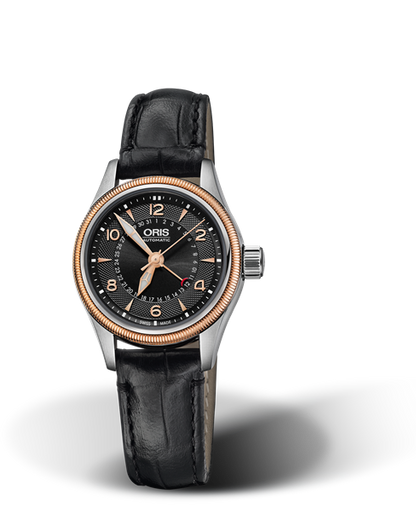 Big Crown Pointer Date, 29mm, Black, Leather Strap, Stainless steel screw-in security crown, Multi-piece stainless steel case, rose gold PVD plated top ring