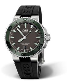 Aquis Date, 43.00 mm, Grey, Rubber Strap, Stainless steel screw-in security crown, Multi-piece stainless steel case, ceramic minutes scale top ring