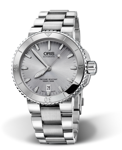 Aquis Date, 40.00 mm, Grey, Stainless steel Strap, Stainless steel screw-in security crown, Multi-piece stainless steel case, minutes scale top ring