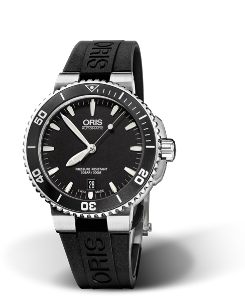 Aquis Date, 40.00 mm, Black, Rubber Strap, Stainless steel screw-in security crown, Multi-piece stainless steel case, ceramic minutes scale top ring