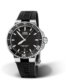 Aquis Date, 40.00 mm, Black, Rubber Strap, Stainless steel screw-in security crown, Multi-piece stainless steel case, ceramic minutes scale top ring