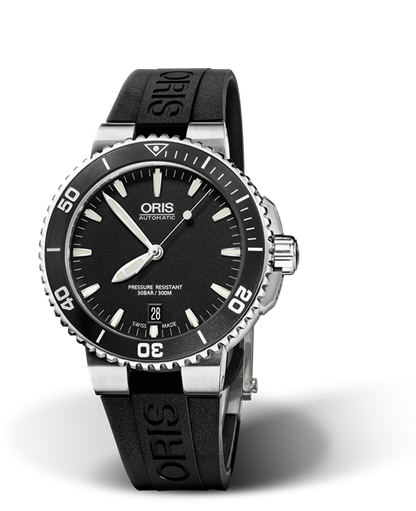 Aquis Date, 40.00 mm, Black, Rubber Strap, Stainless steel screw-in security crown, Multi-piece stainless steel case, ceramic minutes scale top ring