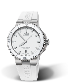 Aquis Date, 40.00 mm, White, Rubber Strap, Stainless steel screw-in security crown, Multi-piece stainless steel case, ceramic minutes scale top ring