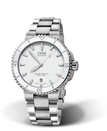Aquis Date, 40.00 mm, White, Stainless steel Strap, Stainless steel screw-in security crown, Multi-piece stainless steel case, ceramic minutes scale top ring