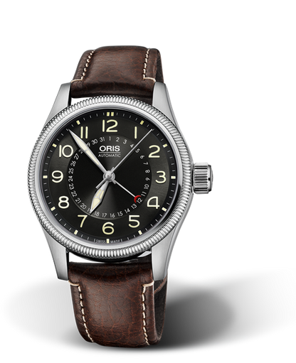 Big Crown Pointer Date, 40mm, Black, Leather Strap, Stainless steel screw-in security crown, Multi-piece stainless steel case