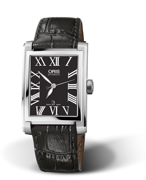 Rectangular Date, 30.00 x 44mm, Black, Leather Strap, Stainless steel crown, Multi-piece stainless steel case