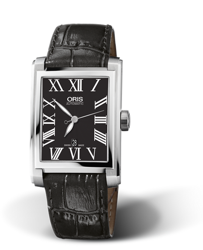 Rectangular Date, 30.00 x 44mm, Black, Leather Strap, Stainless steel crown, Multi-piece stainless steel case