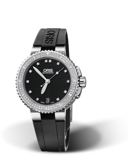 Aquis Date Diamonds, 36.00 mm, Black, Rubber Strap, Stainless steel screw-in security crown, Multi-piece stainless steel case, minute scale top ring, set with 118 Top Wesselton, VS 1 diamonds (0,6315 ct.)
