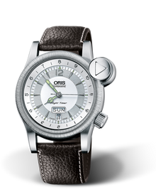 Flight TimerÂ² Day Date, 42mm, Grey, Leather Strap, Stainless steel crown and vertical crown, Multi-piece stainless steel case