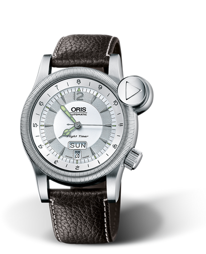 Flight TimerÂ² Day Date, 42mm, Grey, Leather Strap, Stainless steel crown and vertical crown, Multi-piece stainless steel case
